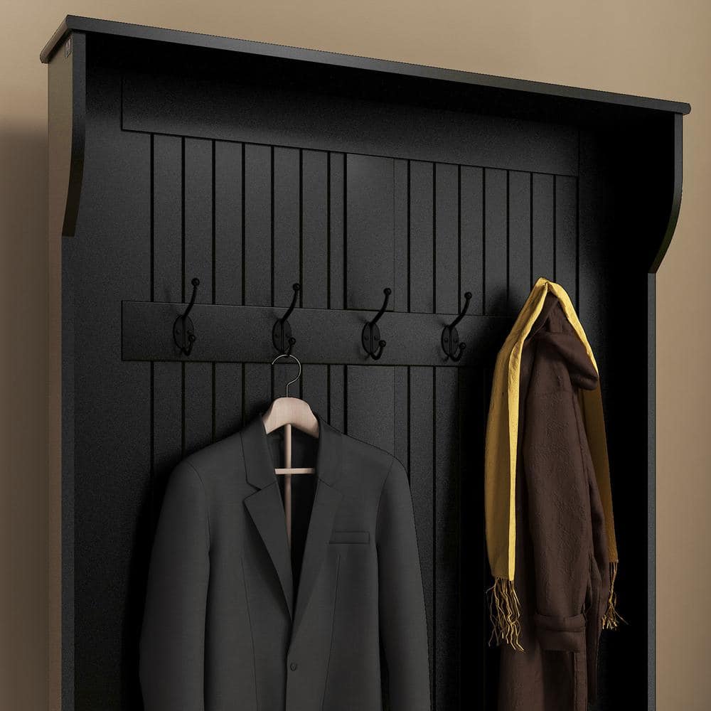 Black Steel Hall Tree with Storage Bench and Coat Rack