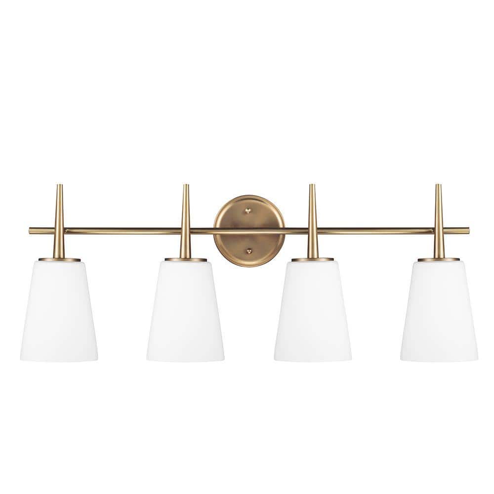 Generation Lighting Driscoll 30 in. 4-Light Contemporary Modern Satin Brass  Wall Bathroom Vanity Light with Etched White Glass Shades 4440404-848 -