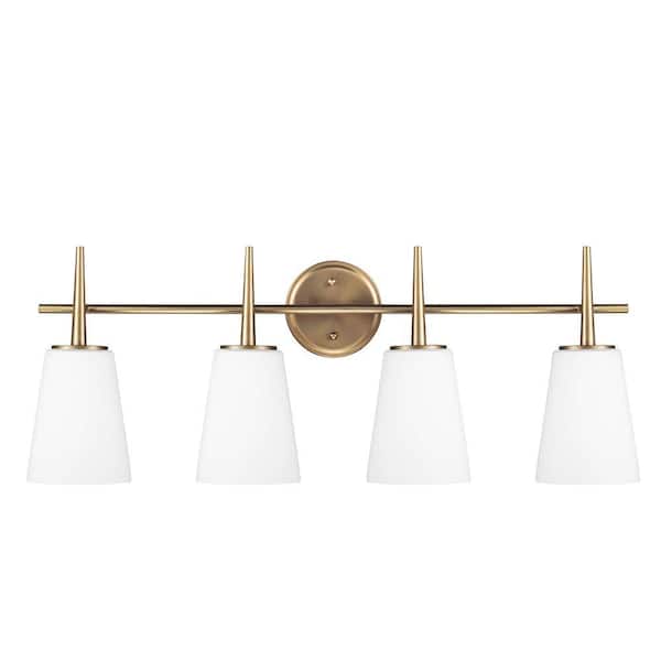 Generation Lighting Driscoll 30 in. 4-Light Contemporary Modern Satin Brass Wall Bathroom Vanity Light with Etched White Glass Shades