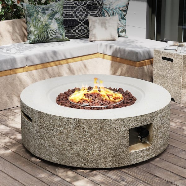 42 in. Round Magnesium Oxide Outdoor Fire Pit Table with Tank Cover and Rain Cover in Beige