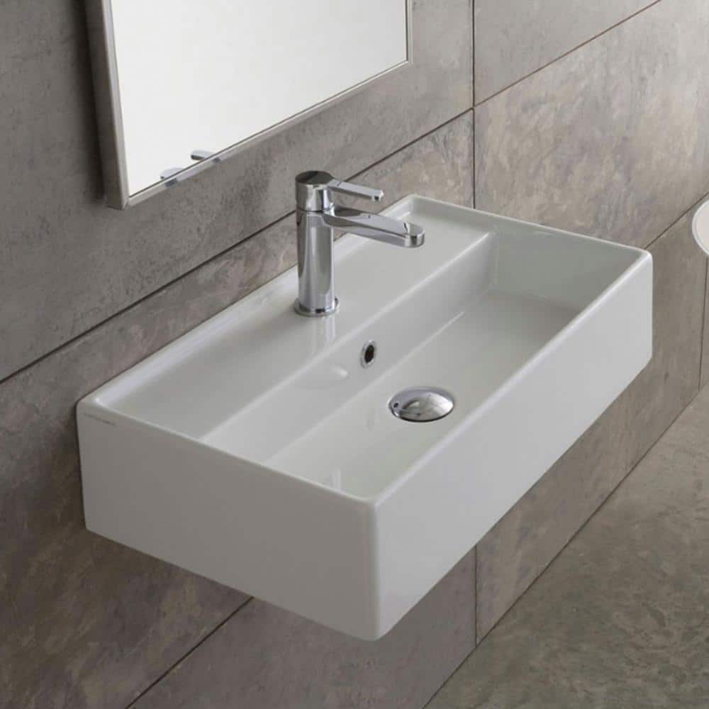Modern White Ceramic Rectangular Wall-Mounted Bathroom Sink