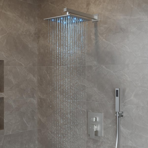 Single-Handle 2-Spray Square Wall Mount 10 in. Shower Faucet 2.5 GPM with LED and Handheld Shower Head in Brushed Nickel