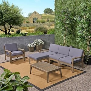 Grenada Gray 6-Piece Acacia Wood Outdoor Patio Conversation Sectional Seating Set with Dark Gray Cushions