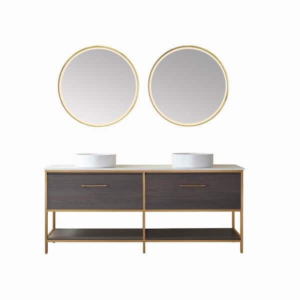 ROSWELL Murcia 72 in. W x 22 in. D x 36 in. H Double Sink Bath Vanity in Suleiman Oak with White Composite Stone Top and Mirror