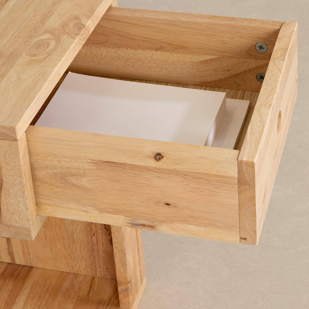 Natural Wood 1-Drawer C-Shaped End Table