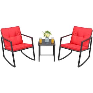 Black 3-Pieces Metal Wicker Outdoor Rocking Chair Bistro Conversation Set with Red Cushions