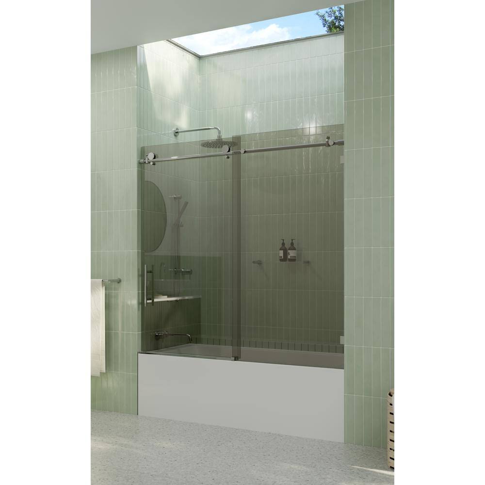 Equinox Frameless Gray Tinted Sliding Bathtub Door with Chrome Finish