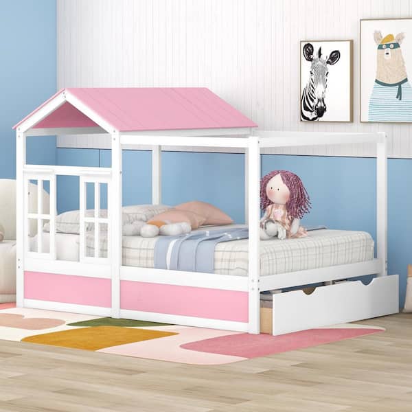 Harper & Bright Designs Pink and White Full Size Wood House Bed with Roof, Window and Drawer
