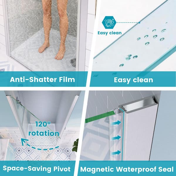 32 to 33-1/4 in. W x 72 in. H Pivot Swing Frameless Shower Door in Brushed Nickel with Clear Glass