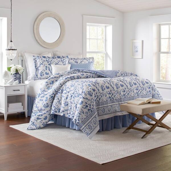 Laura Ashley Veronique 4-Piece Blue Floral Cotton King Comforter Set ...