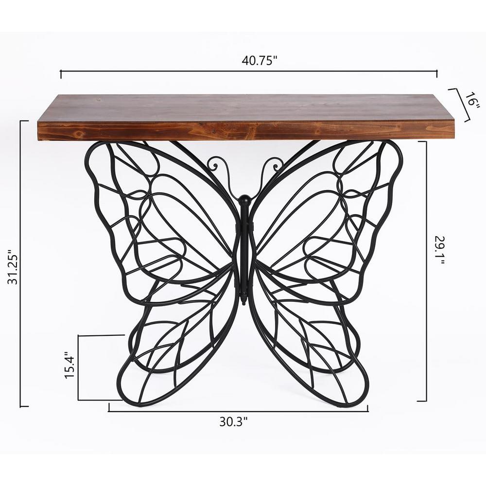 Dark Maple & Black Metal Butterfly Accent Console Table with Storage