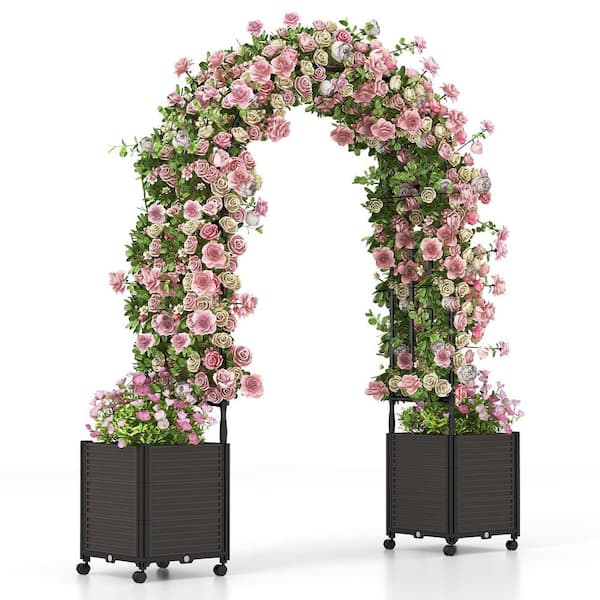 113 in. H x 80 in. W x 16 in. D Steel Garden Arch Trellis with 2 Planter Boxes and Lockable Wheels in Black