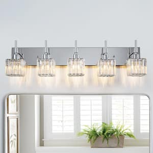 33.1 in. 5 Lights Chrome Dimmable Bathroom Vanity Light with Crystal Shades