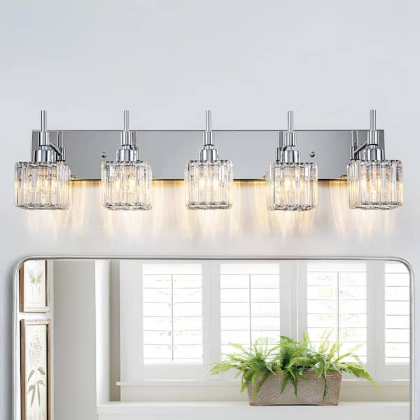 LLHZSY 33.1 in. 5 Lights Chrome Dimmable Bathroom Vanity Light with Crystal Shades