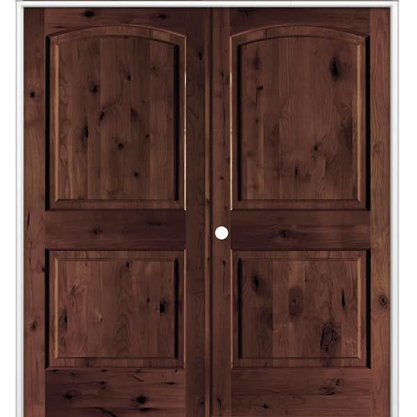 64 in. x 80 in. Rustic 2-Panel Arch Top Right Active Red Mahogany Stain Knotty Alder Wood Double Prehung Interior Door