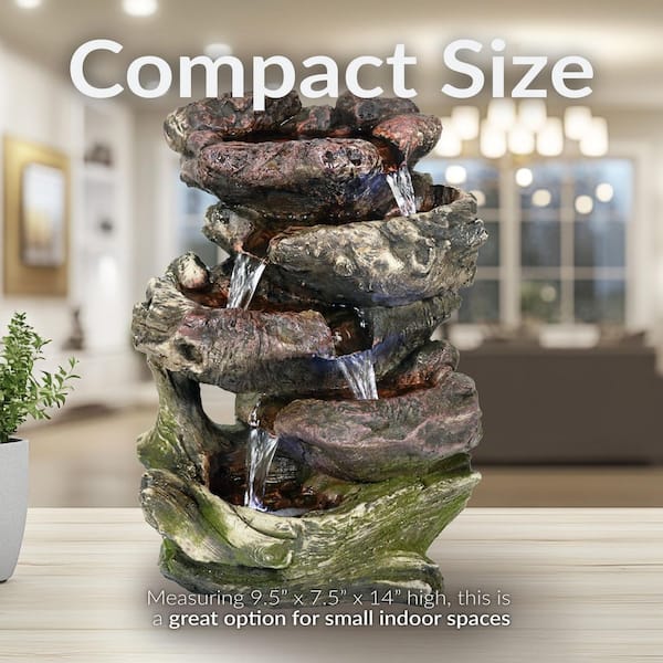 Sunnydaze 14 in. 5-Step Rock Falls Tabletop Fountain with LED