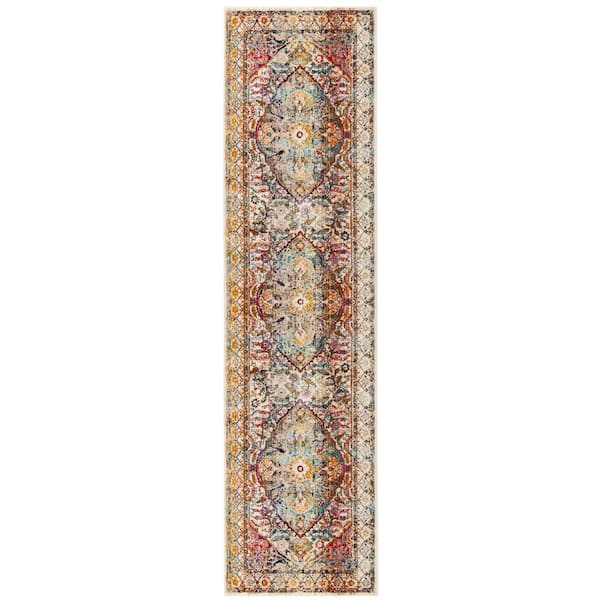 Baldwin 2 ft. x 12 ft. Ivory/Teal Border Floral Medallion Runner Rug