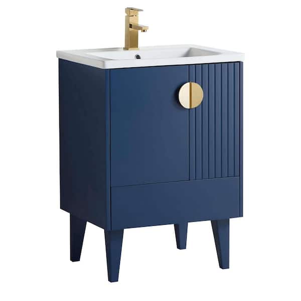 FINE FIXTURES Venezian 24 in. W x 18.11 in. D x 33 in. H Bathroom Vanity Side Cabinet in Navy Blue with White Ceramic Top