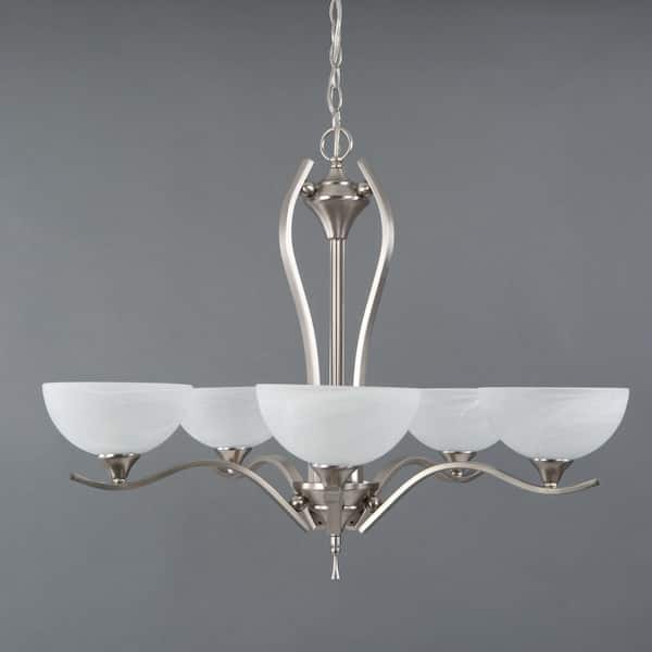 Yosemite Home Decor Glacier Point Collection 5-Light Satin Nickel Hanging Chandelier with Ivory Cloud Glass Shade