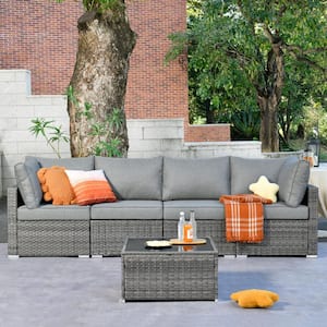 Messi Gray 5-Piece Wicker Outdoor Patio Conversation Sectional Sofa Set with Dark Gray Cushions