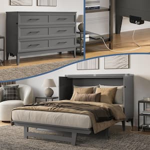 Santa Fe Grey Solid Wood Frame Full Murphy Bed Chest with Mattress and Built-in Charger