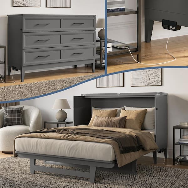 AFI Santa Fe Grey Solid Wood Frame Full Murphy Bed Chest with Mattress and Built-in Charger