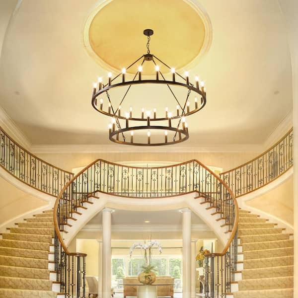 47 in. 36-Light Black 2 Tier Large Farmhouse Wagon Wheel Loft Retro Round Chandelier for Living Room Foyer Cafe Bar