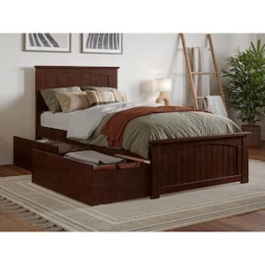 Nantucket Walnut Brown Solid Wood Frame Twin XL Platform Bed with Matching Footboard and Storage Drawers