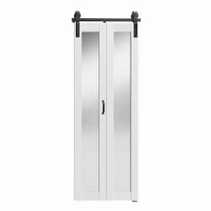 30 in. x 84 in. 1-Lite Mirrored Glass Bi-Fold White MDF Solid Core Sliding Barn Door with Hardware Kits Pre-drilled