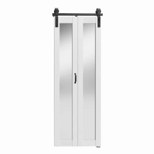TENONER 30 in. x 84 in. 1-Lite Mirrored Glass Bi-Fold White MDF Solid Core Sliding Barn Door with Hardware Kits Pre-drilled