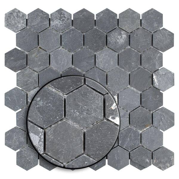 Merola Tile Crag Hexagon Black 11-1/8 in. x 11-1/8 in. x 8 mm Slate Mosaic Tile Merola Tile Crag Hexagon Black 11-1/8 in. x 11-1/8 in. x 8 mm Slate Mosaic Tile