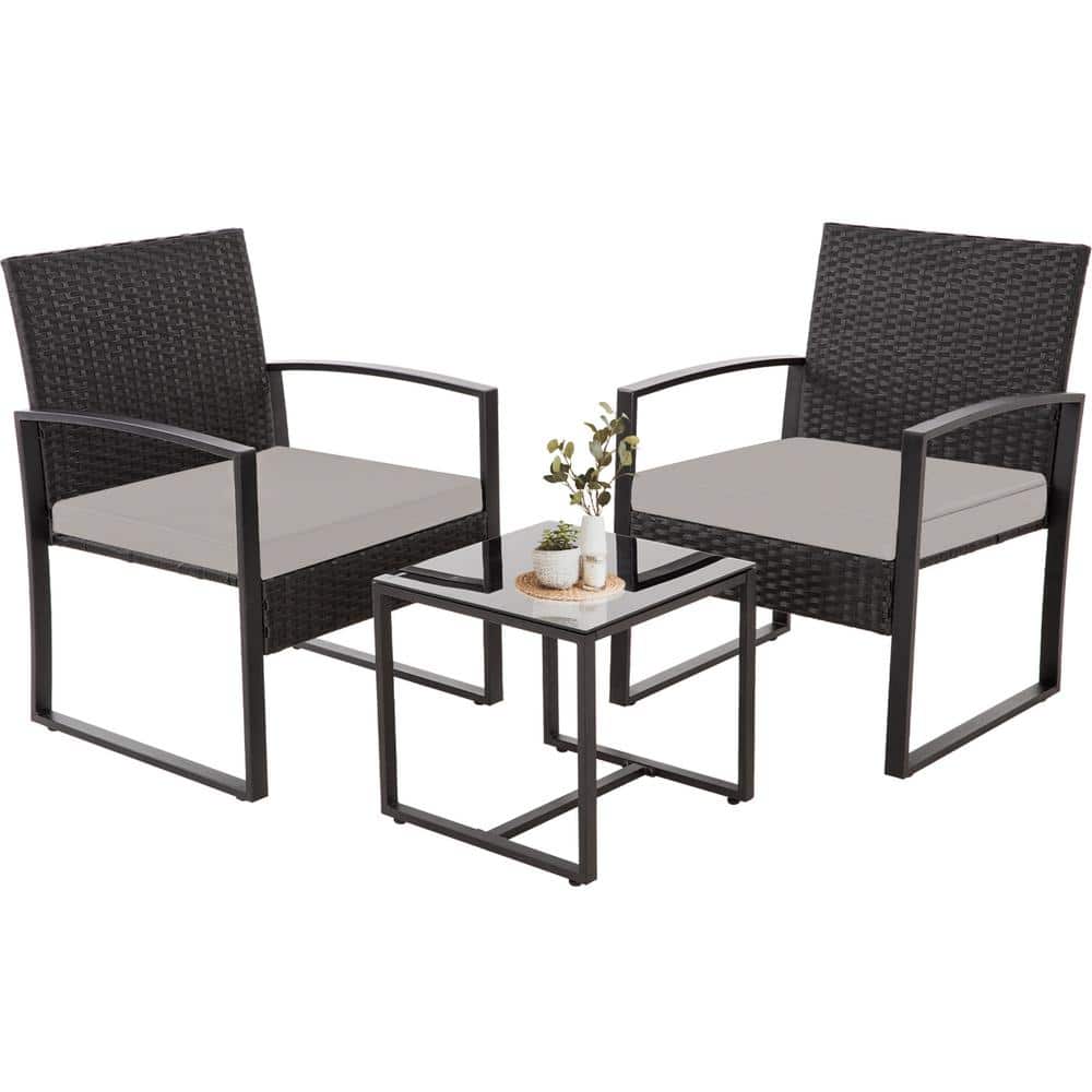 3-Piece Black Wicker Outdoor Bistro Set with Gray Cushion
