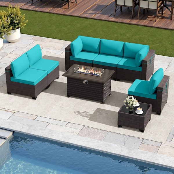 8-Piece Brown Wicker Patio Conversation Set with Fire Pit Table, High Backrest, Coffee Table and Turquoise Cushions