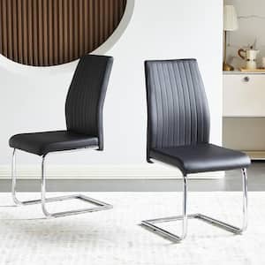 Set of 2-Modern Mid Century Black PU Leather High Back Upholstered Armless Dining Chairs with Metal Pipe Chrome Legs