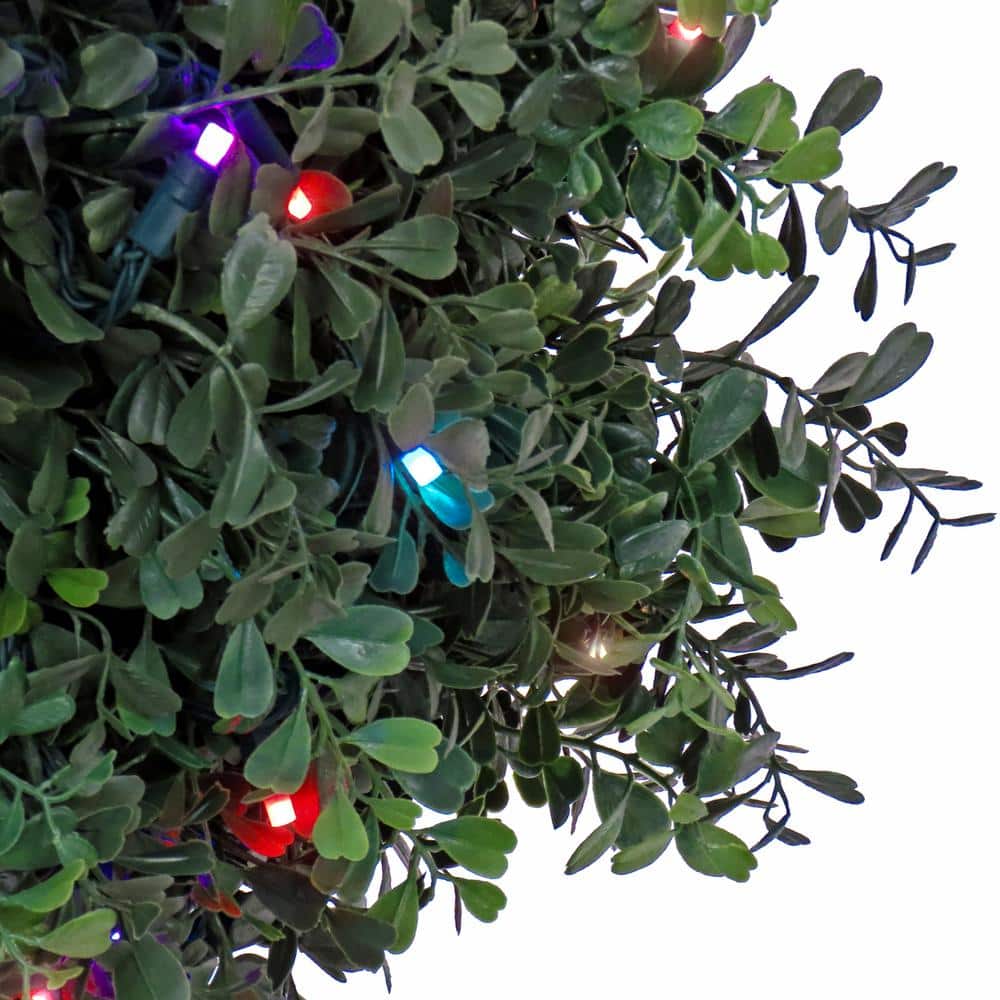 Elegant 46" Multicolor LED Boxwood Double Ball Topiary in Matte Black Pot