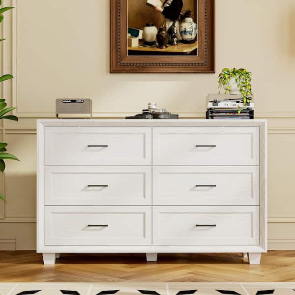 FUFU&GAGA Modern White 55 in. Wide 6-Drawer Chest of Drawers with Metal Handles and Anti-Tip Hardware