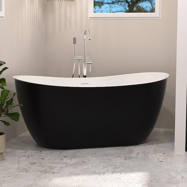 INSTER MUTE 59 in. Outer Black Acrylic Flatbottom Freestanding Double Slipper Non-Whirlpool Soaking Bathtub