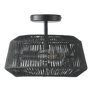 12.6 in. 2-Lights Black Bohemian Semi-Flush Mount Ceiling Light with Woven Shade