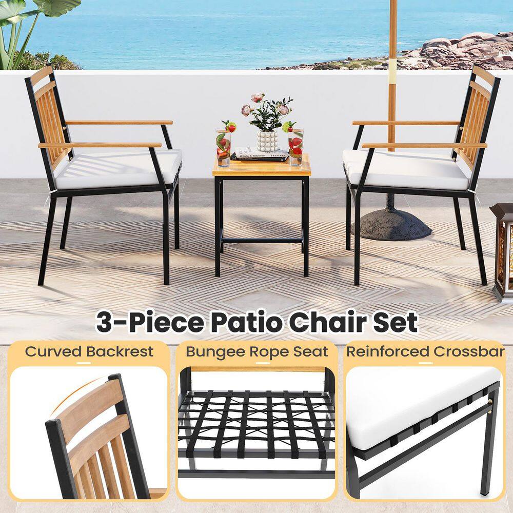 Acacia Wood and Metal 3-Piece Patio Set with Off-White Cushions