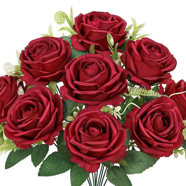 LIVING LUXURY 17 in. Red Artificial Royal Rose Flower Stem Bush