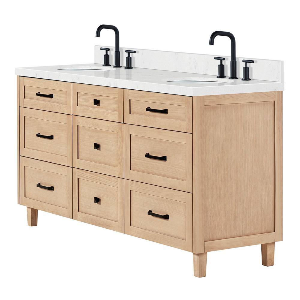 Monroe 66 Inch Oak Double Sink Vanity with Carrara White Quartz Top
