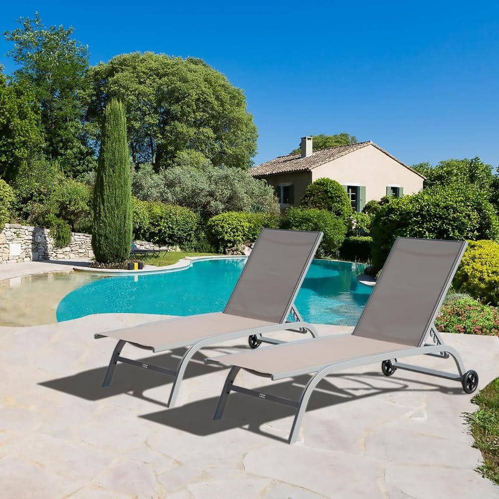 Outdoor Lounge Chair, 2-Pieces Aluminum Metal Patio Chaise Lounge with 5-Po
