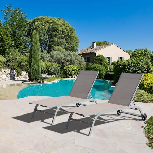 Unbranded Outdoor Lounge Chair, 2-Pieces Aluminum Metal Patio Chaise Lounge with 5-Position Adjustable Backrest Khaki