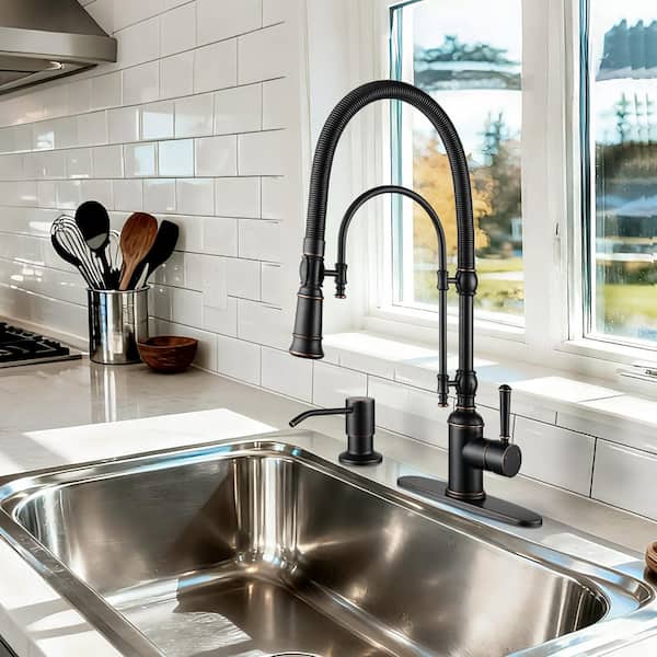 Single-Handle Deck-Mount Semi-Commercial Spring Pulldown Sprayer Kitchen Faucet with Soap Dispenser in Oil Rubbed Bronze