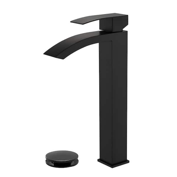 FLG Single Handle Vessel Sink Faucet with Pop-Up Drain 304 Stainless Steel Waterfall Bathroom High Tall Taps in Matte Black