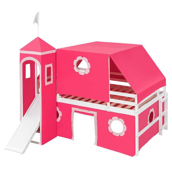 Polibi Pink Full Size Bunk Bed with Slide Pink Tent and Tower RS