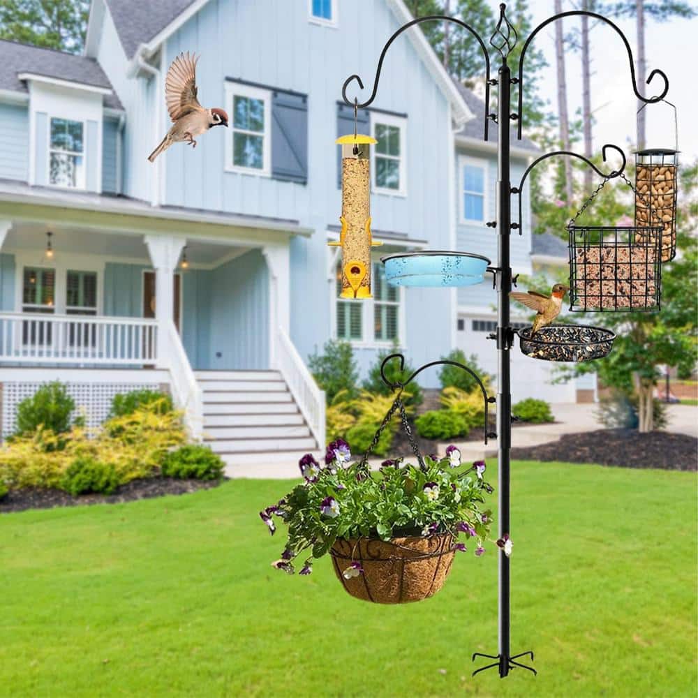 Black Metal Multi-Feeder Bird Feeding Station with Bird Bath