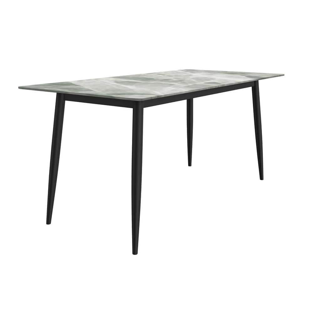 Light Grey Glass Rectangular Dining Table with Black Steel Legs
