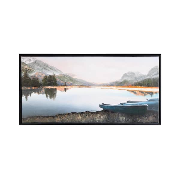 Litton Lane 1-Panel Landscape Lake Sunset Framed Wall Art 24 in. x 48 in.
