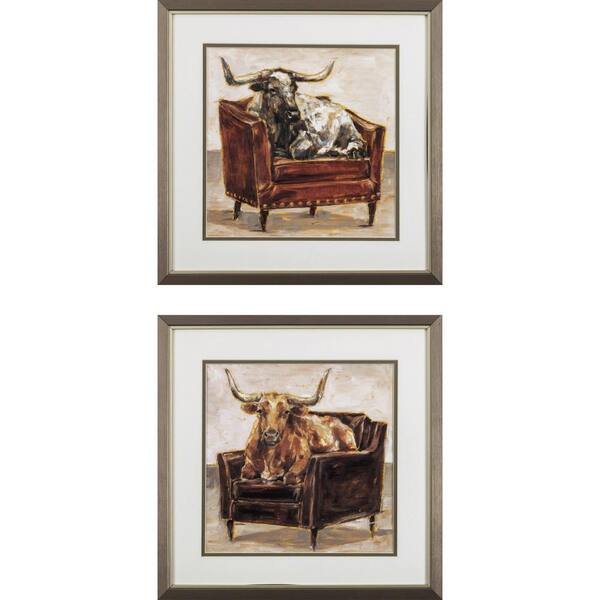 HomeRoots 17 X 17 in. Bulls on a Chair 2-Watercolor Wooden Wall Art (Set of 2)